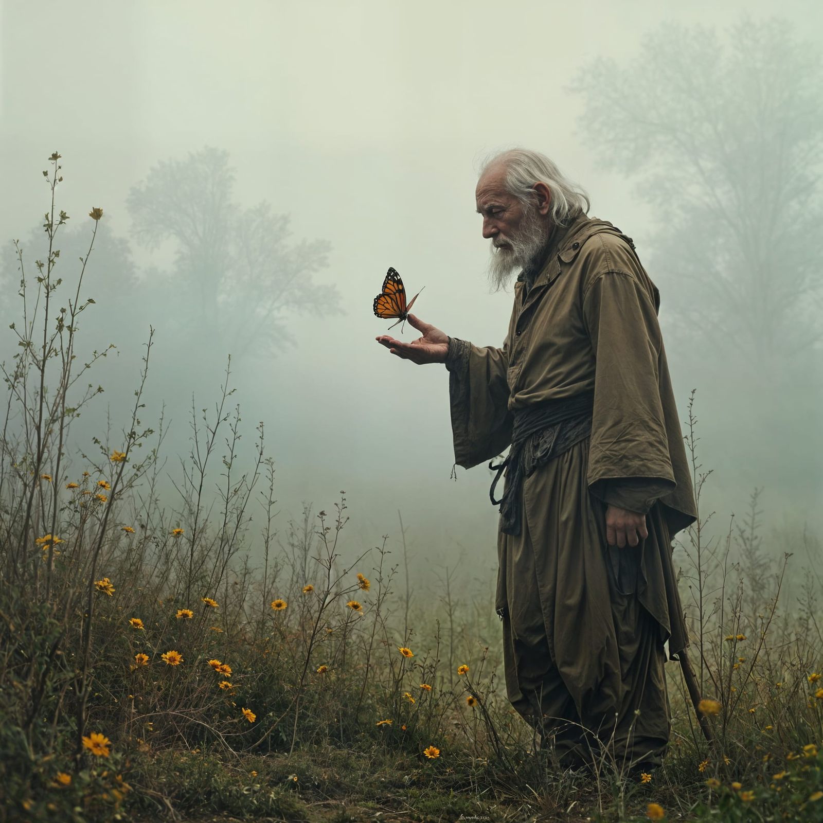 Melancholic Old Man with Butterfly in Ethereal Landscape