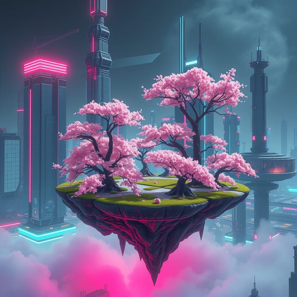 Cyberpunk Utopia: Blossoming Oasis Amidst Neon Skyscrapers