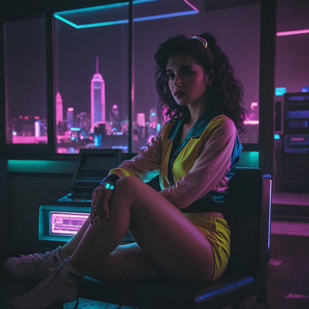 Vaporwave Woman in Neon Cityscape, VHS Aesthetic