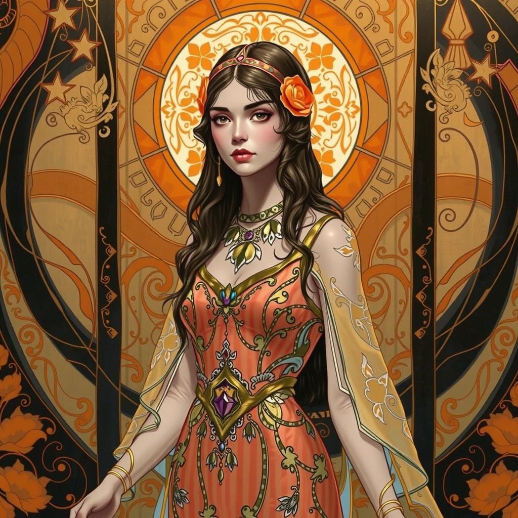 Art Deco Woman in Flowing Golden Line Art