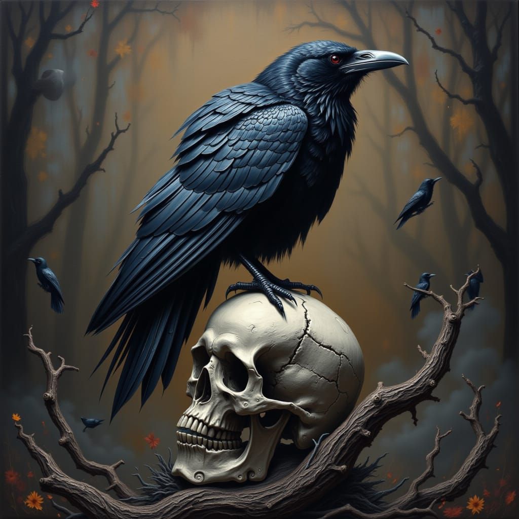 Raven Perched on a Skull