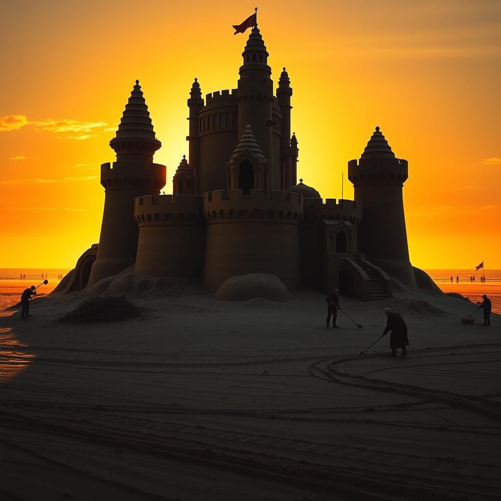 An intense, dramatic sandcastle scene illuminated by sharp contrasts of light and shadow