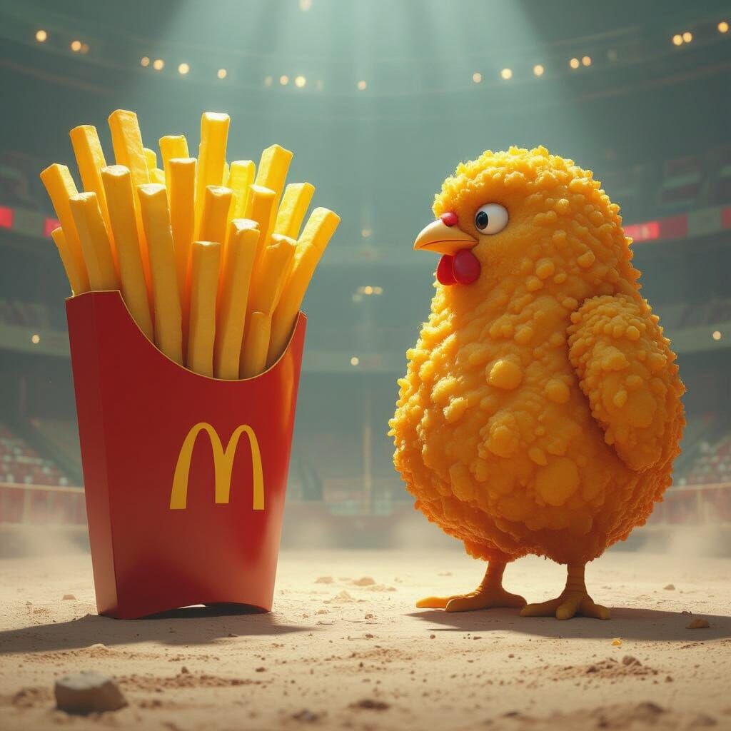 French Fry Versus Chicken Nugget in Retro-Futuristic Arena