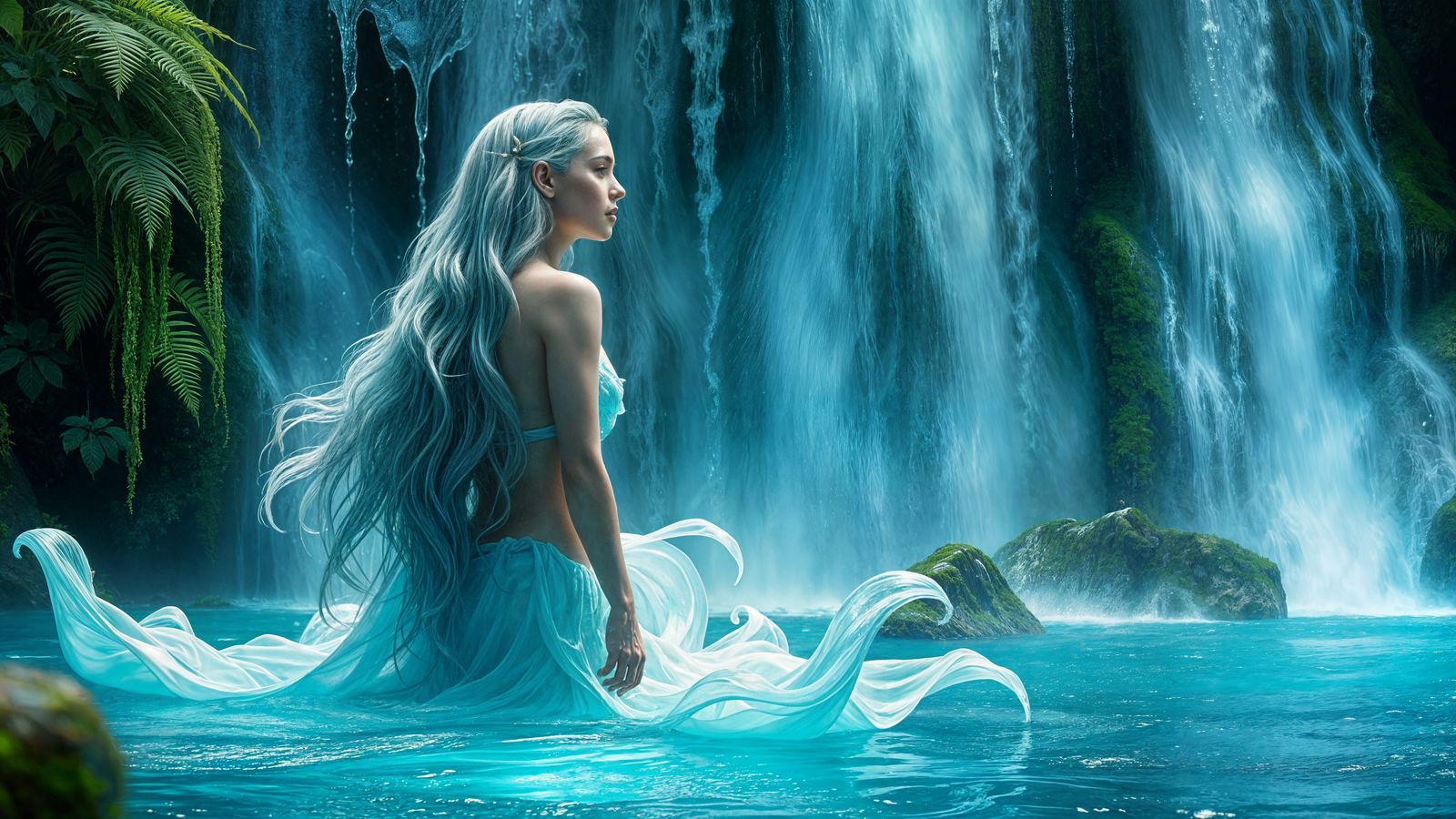 Serene Water Nymph in Vibrant Fantasy Landscape
