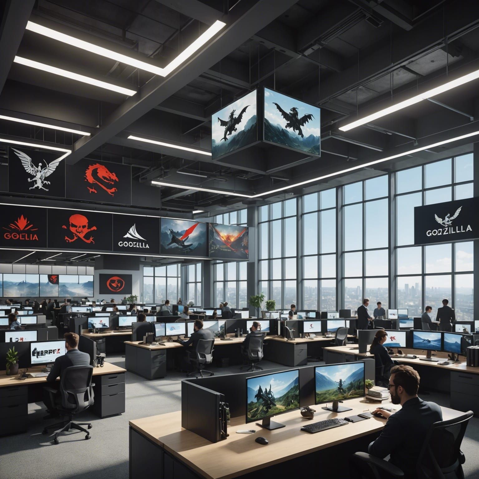 Modern Office Enthralled by Godzilla on Sunny Day