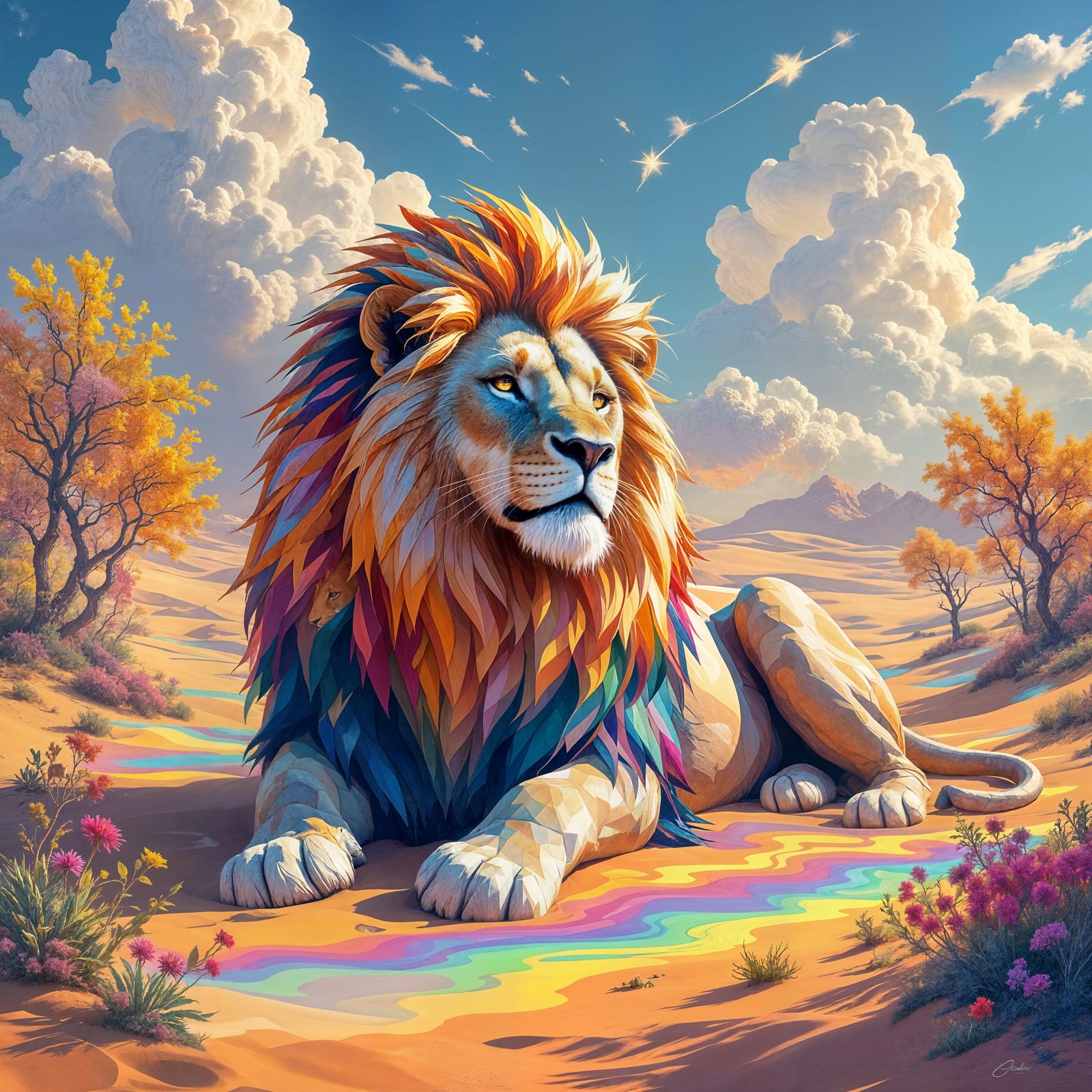 Colossal Stone Lion in Rainbow Desert