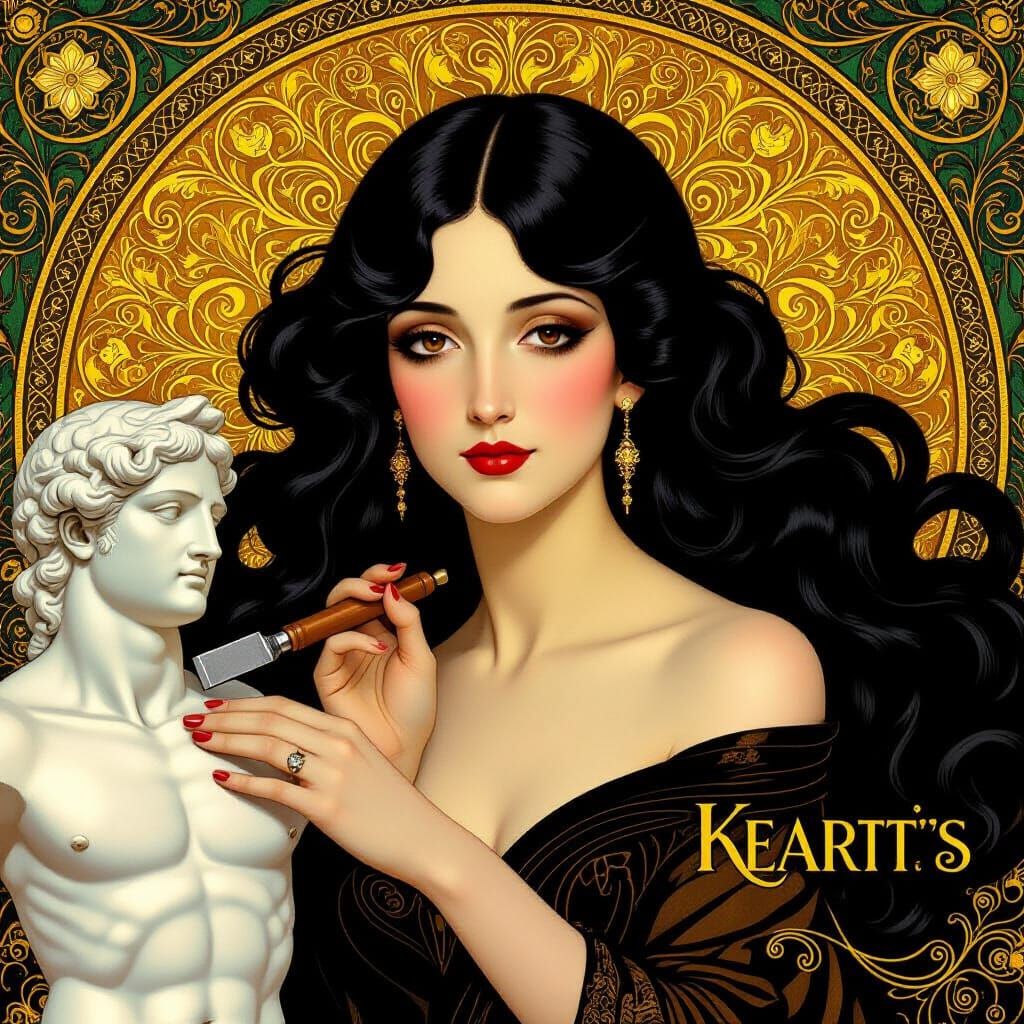 Symbolist Portrait: Woman Transforms Statue in Klimt & Mucha...