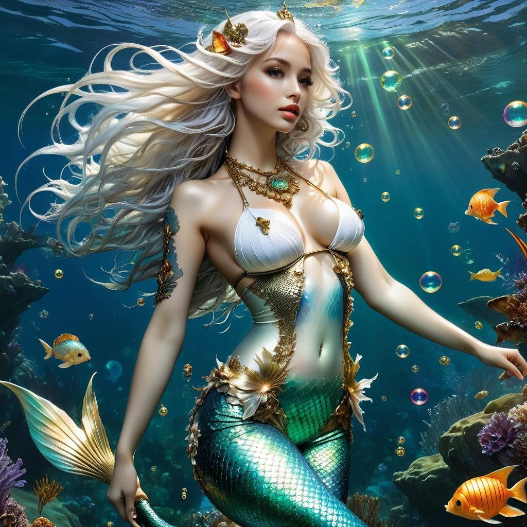 Iridescent Mermaid in Arthur Rackham Anime Style