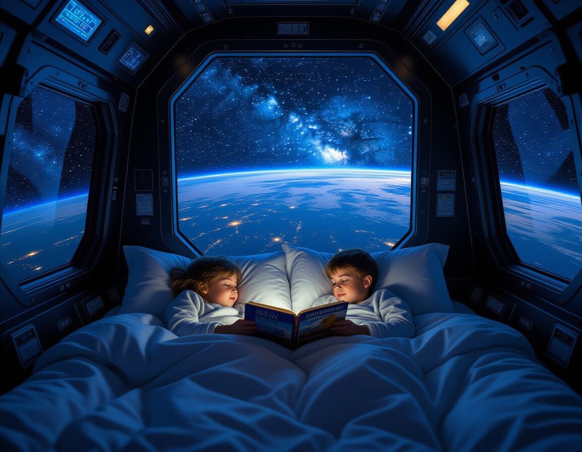 Children Reading by Starlight in Space Station