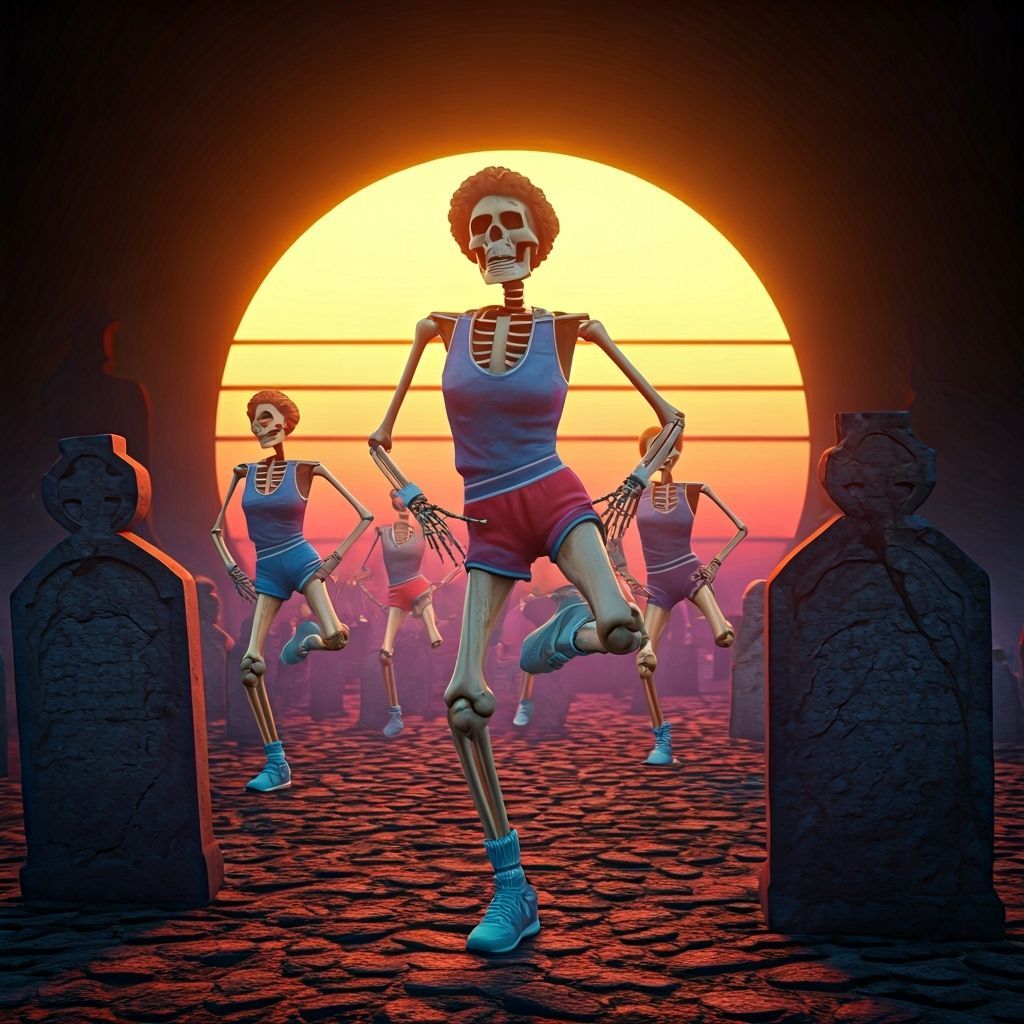 Skeletons in 80s Activewear Doing Aerobics in Cemetery