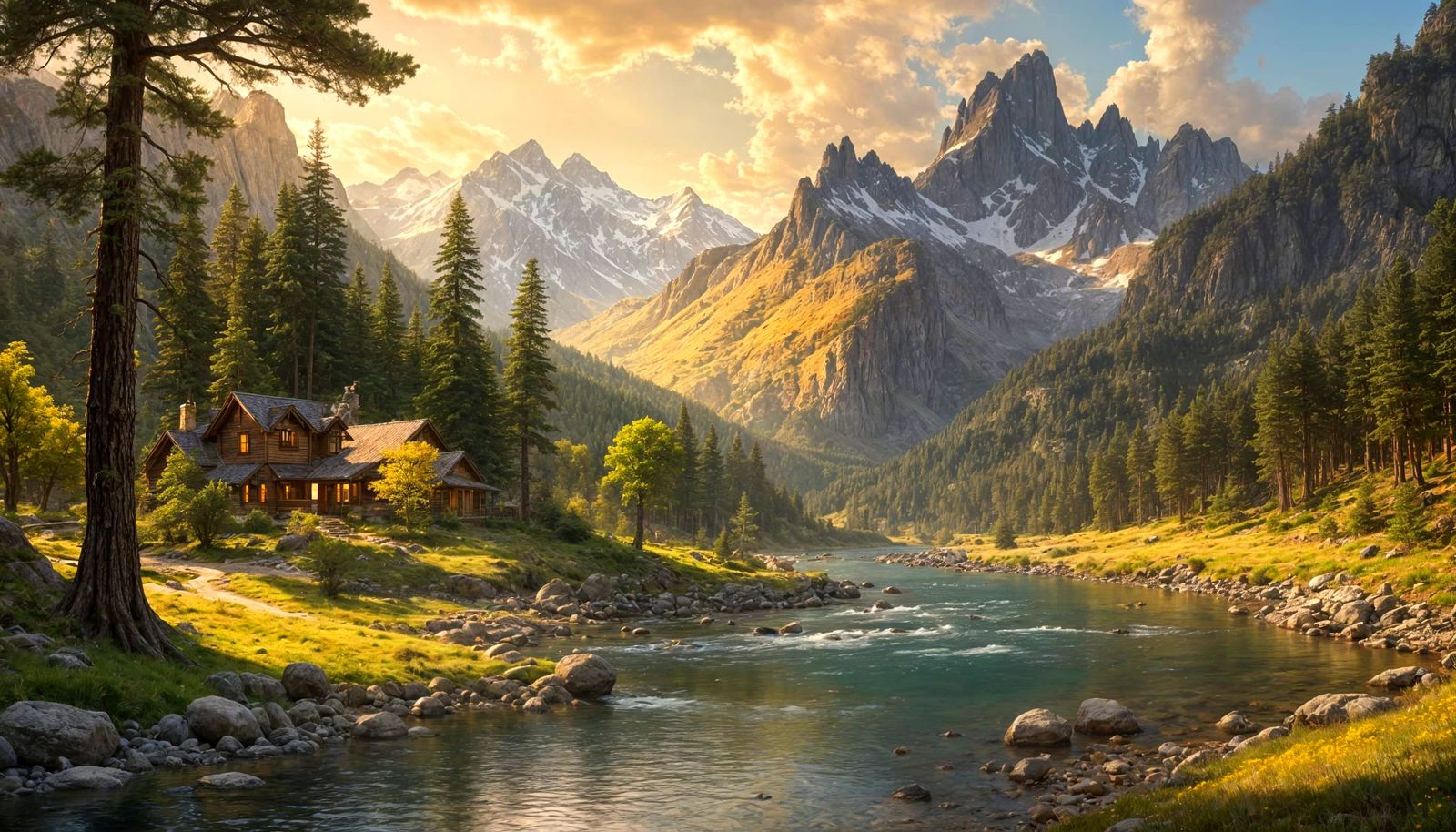 Vibrant Afternoon Valley with River and Mountains