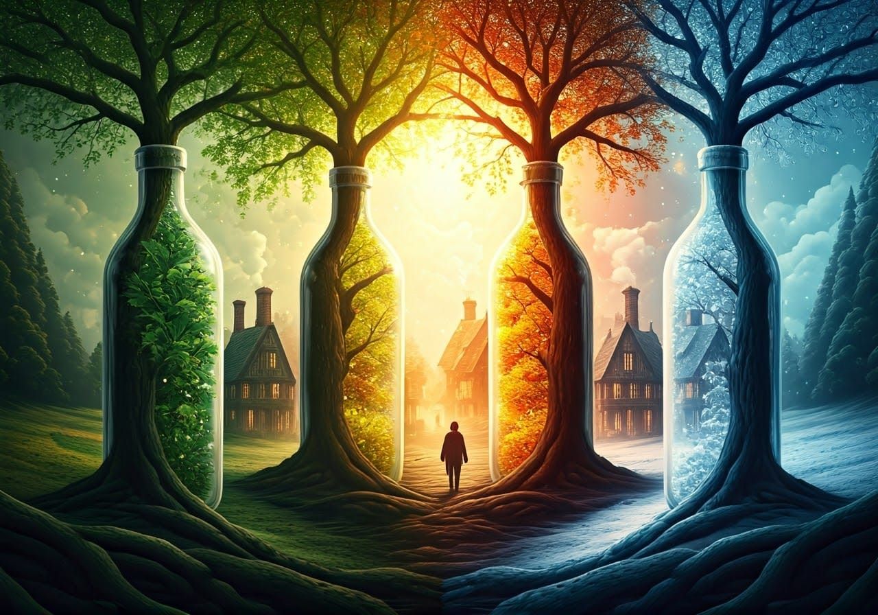 Four Seasons in Bottles: Whimsical Collage Art