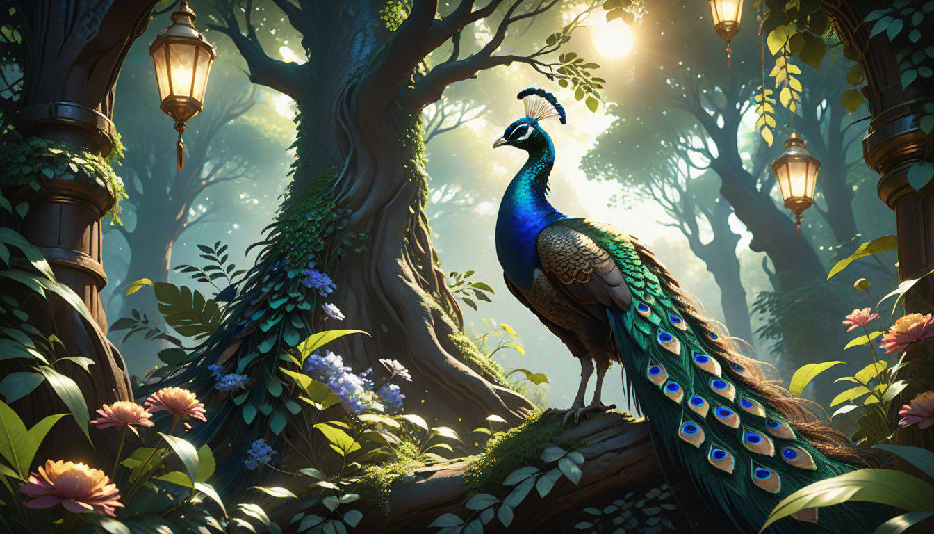 Majestic Blue Peacock Displays Vibrant Tail Feathers in Dark...