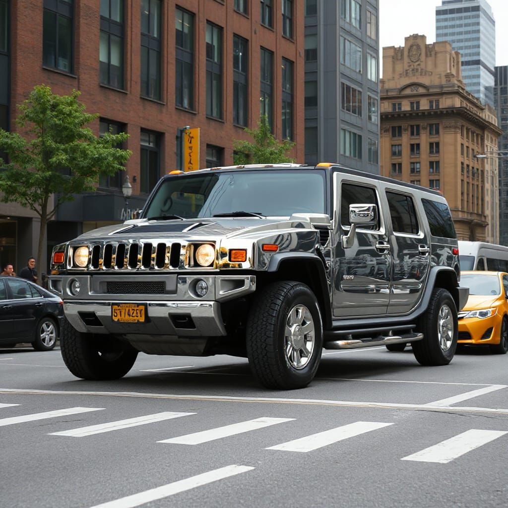 A giant hummer made entirely out of chrome driving past through the streets of New York.