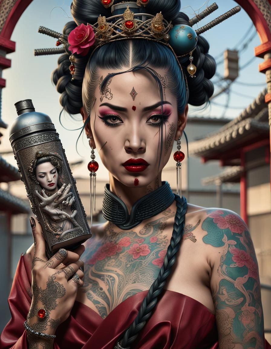 Latina Geisha with Grenade: Dystopian Surrealism