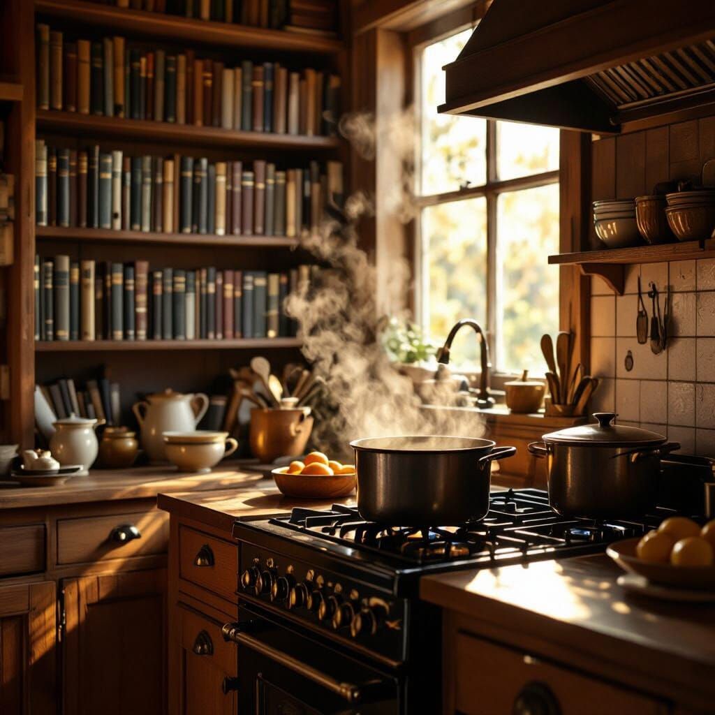 Cozy Room With Bookshelf and Wooden Kitchen