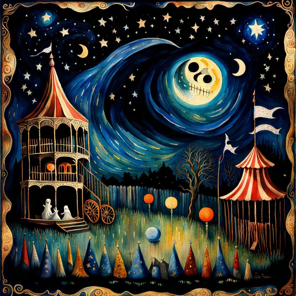 Moonlit Haunted Carnival in Watercolor Dreamscape