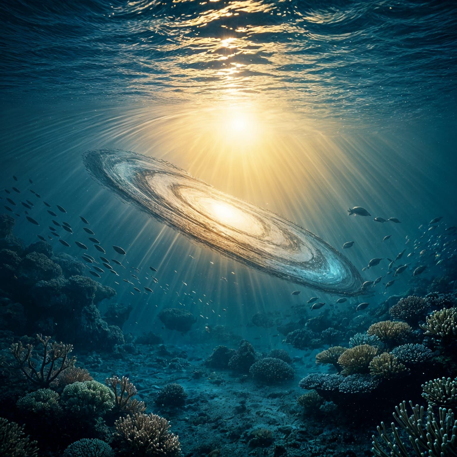 Sunken Galaxy on Ocean Floor in Golden Light