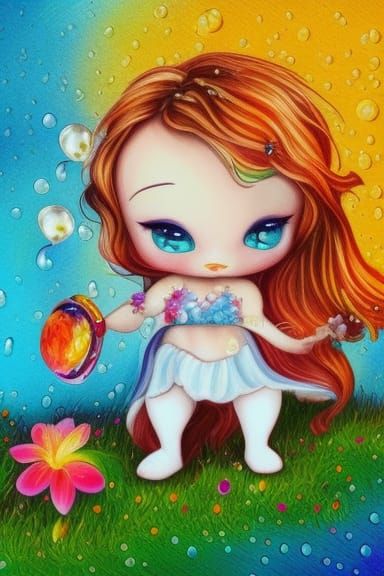 Chibi Bunny Baby in Rainy Flower Field: Rococo Art