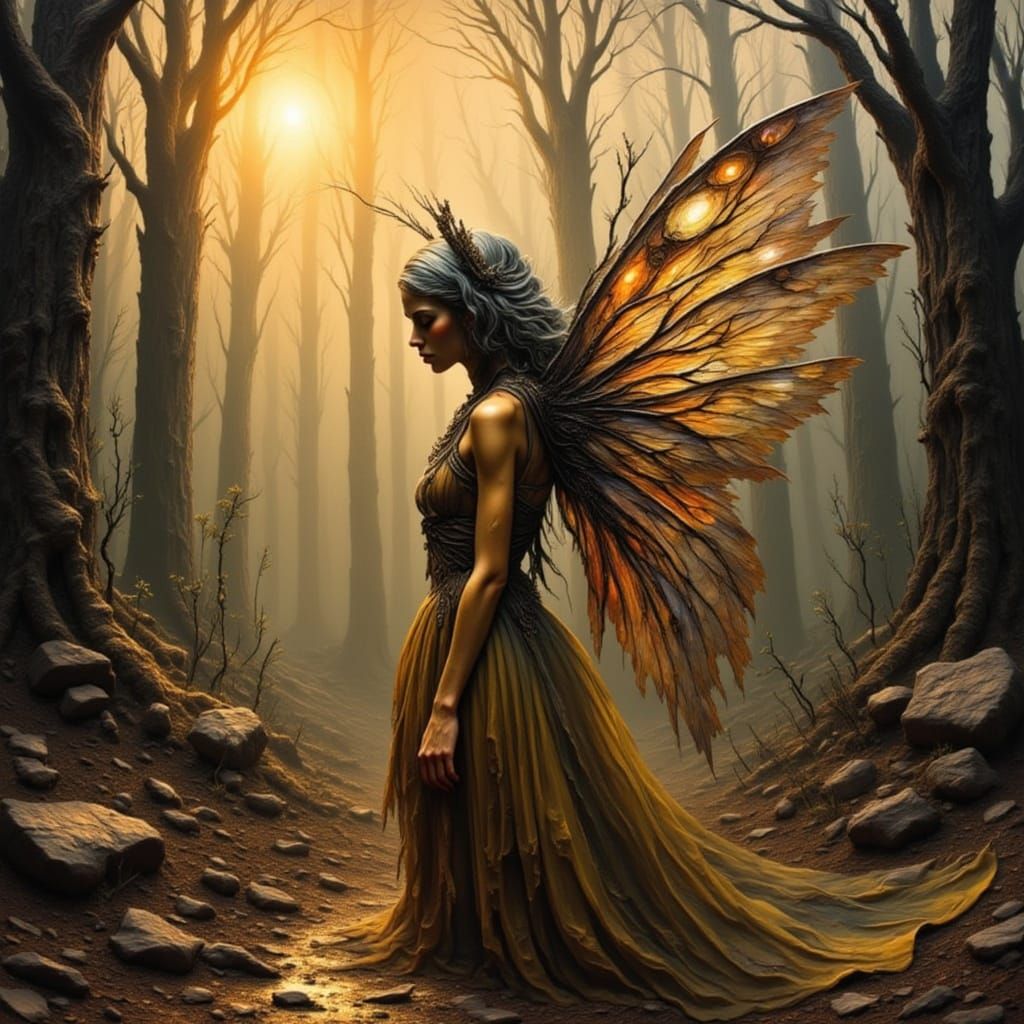 Worn Fairy in Decaying Forest at Sunset