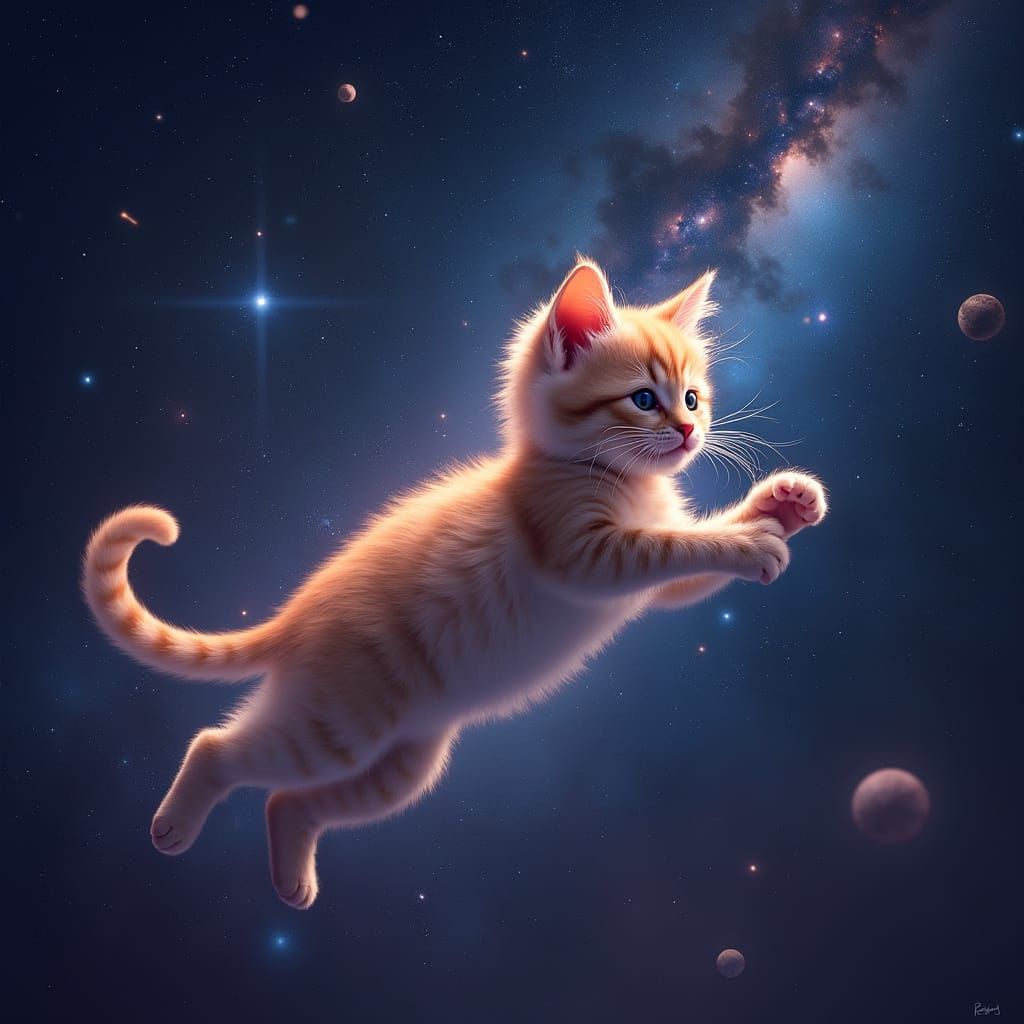 Cosmic Kitten Shimmering in Starry Space