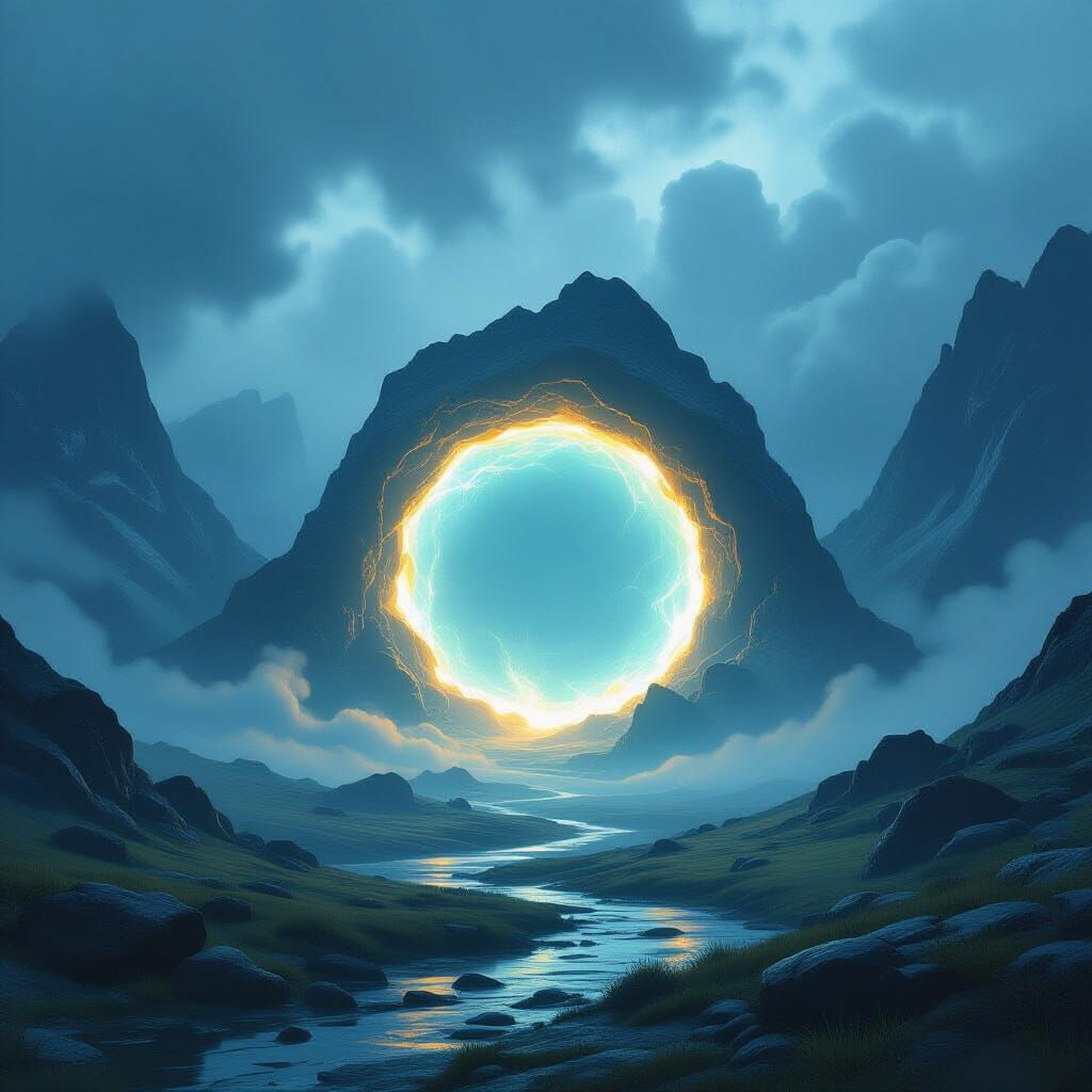 Ethereal Portal in Moody Mountain Landscape