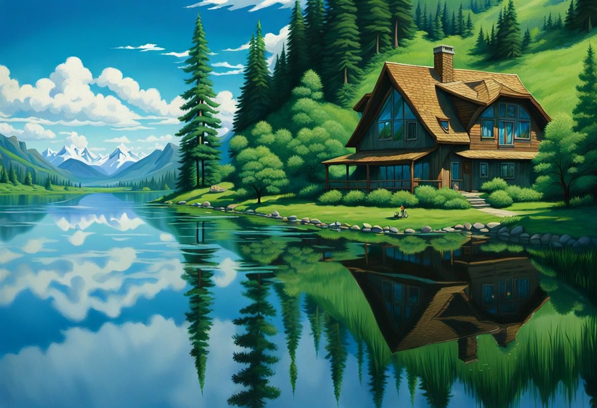 House by Lake Reflecting Sky: Vibrant Landscape