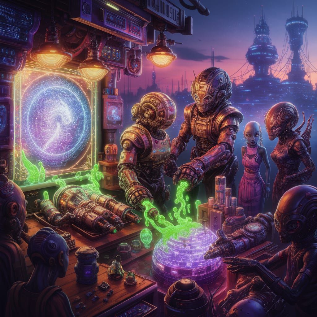 Bustling Sci-Fi Market Corner with Robot Mechanics