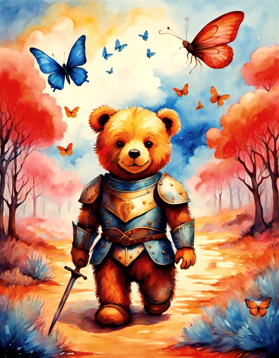 Teddy Bear Knight with Wooden Sword and Red Plume