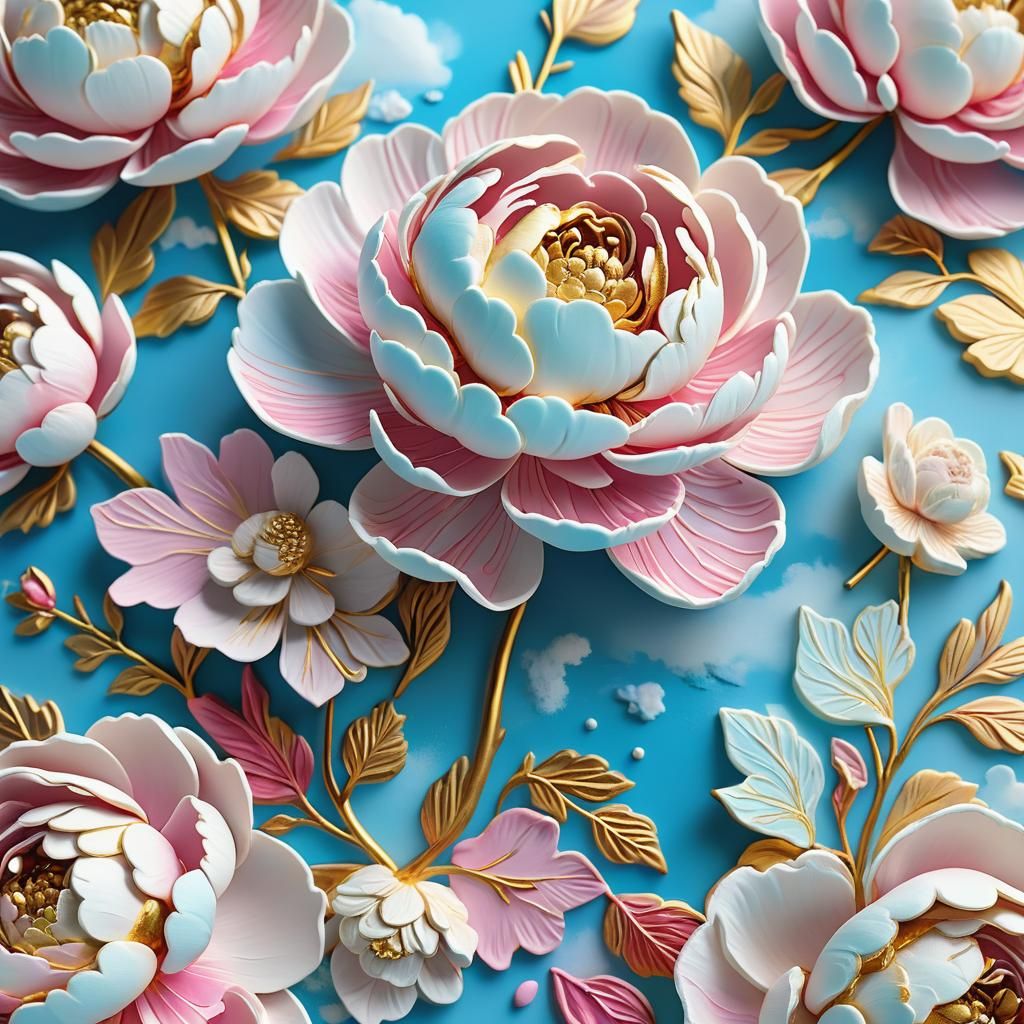 3D Peony Sculpture with Rococo and Victorian Accents