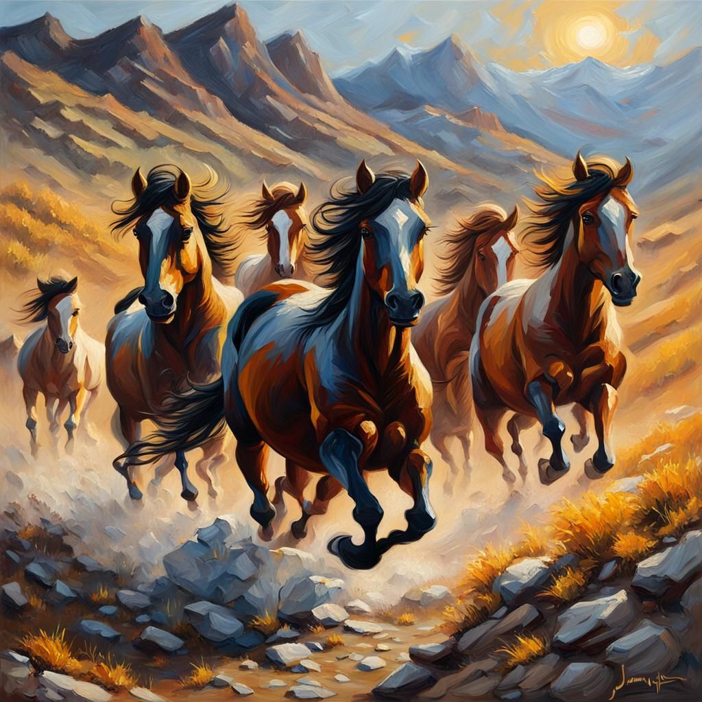 Wild Horses Galloping: An Impasto Oil Painting
