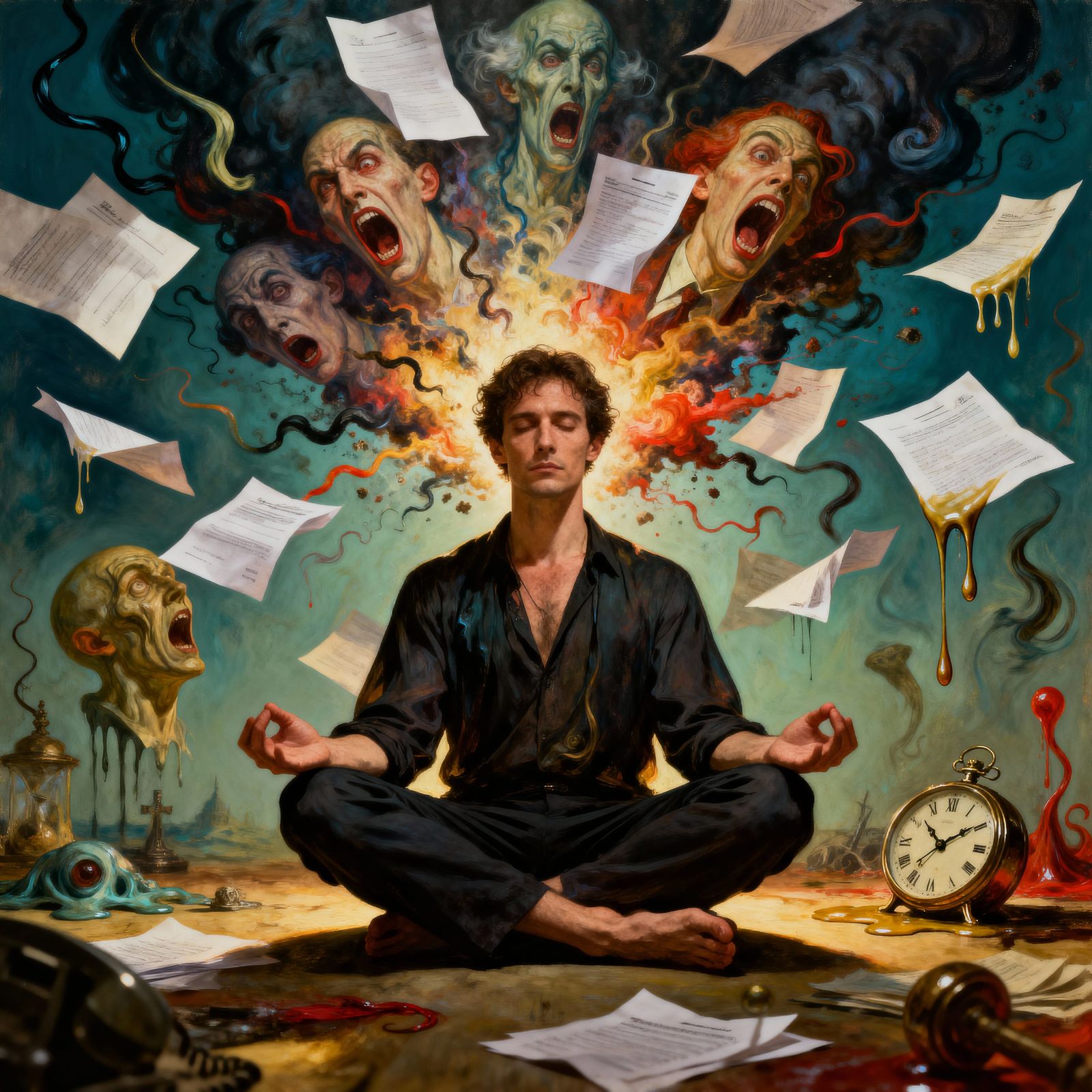 Calm Man in Lotus Pose Amidst Surreal Thought Explosion