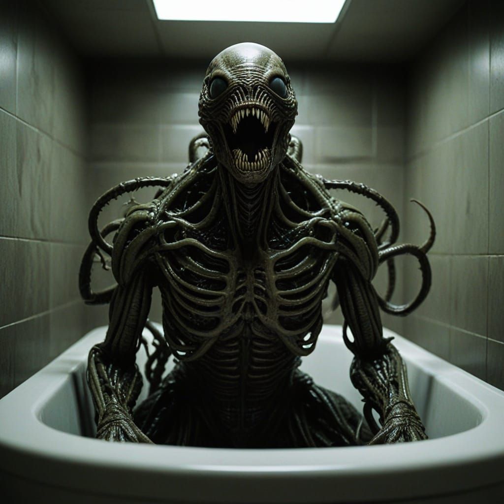 Glowing Xenomorph Facehugger Floats in Dark, Muted Toilet Wa...