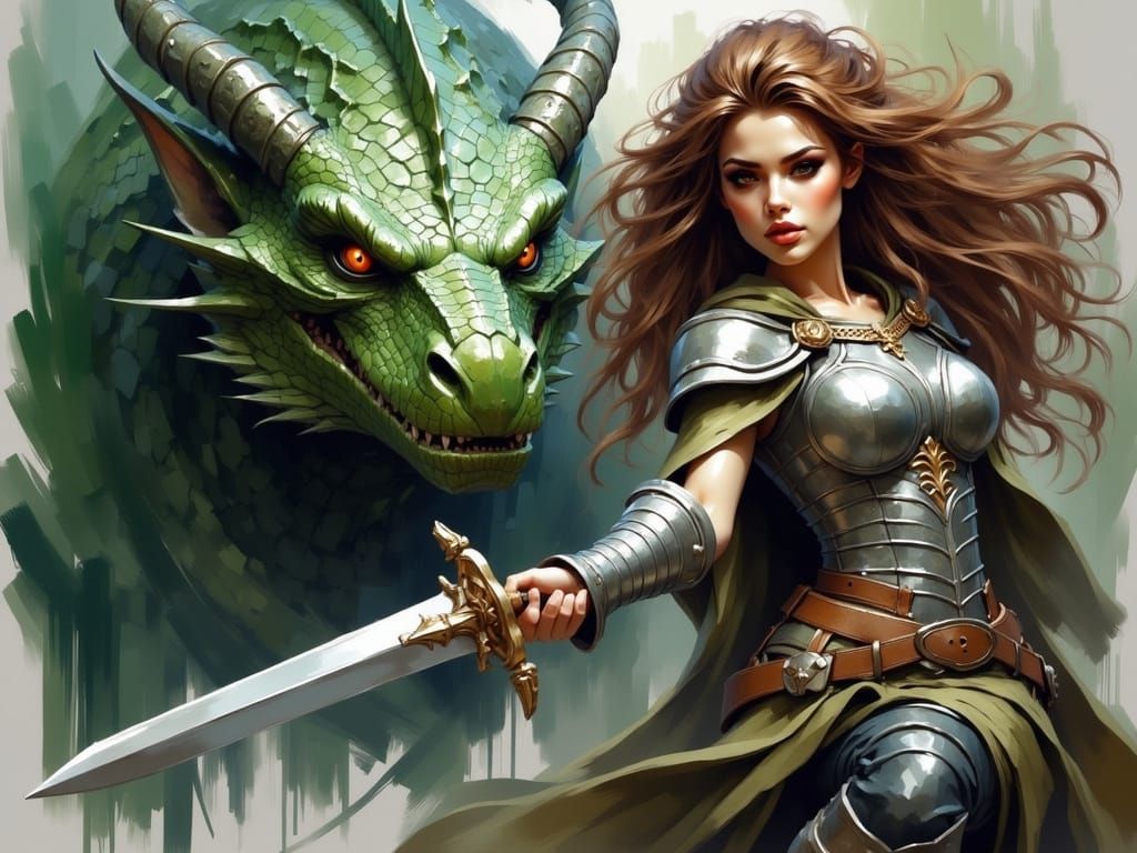 Elegant Elf Warrior Confronts a Ferocious Green Dragon
