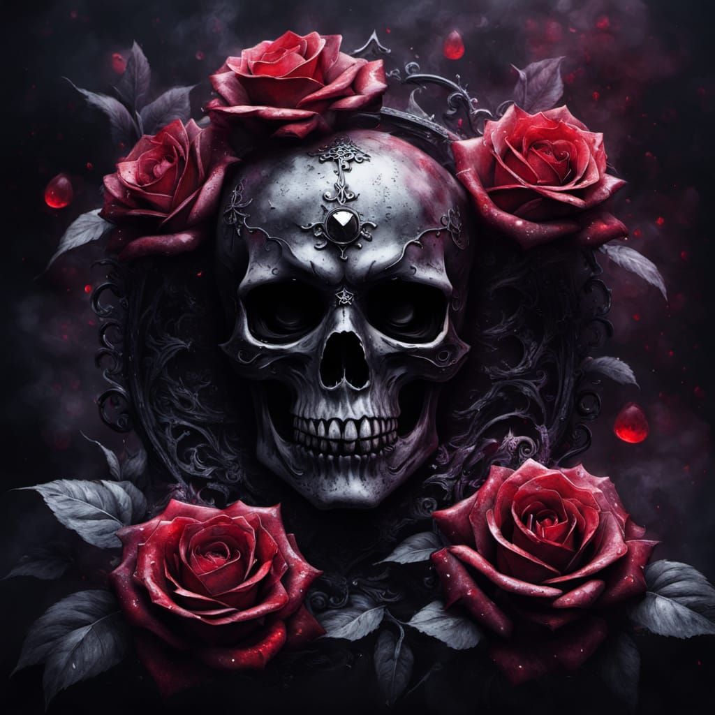 Mysterious, Gothic Watercolor Skull with Whimsical Roses