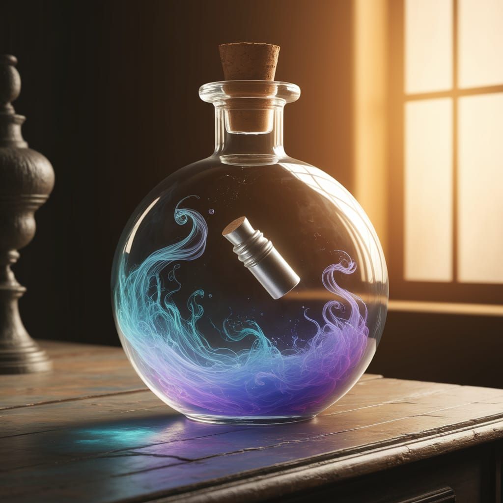 Ethereal Bottle Filled with Mystical Blue Mist in Soft Light