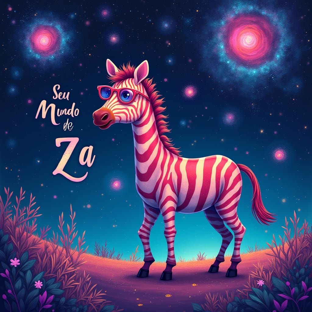 Vibrant Zebra Cosmica in a Whimsical Starry Night Sky