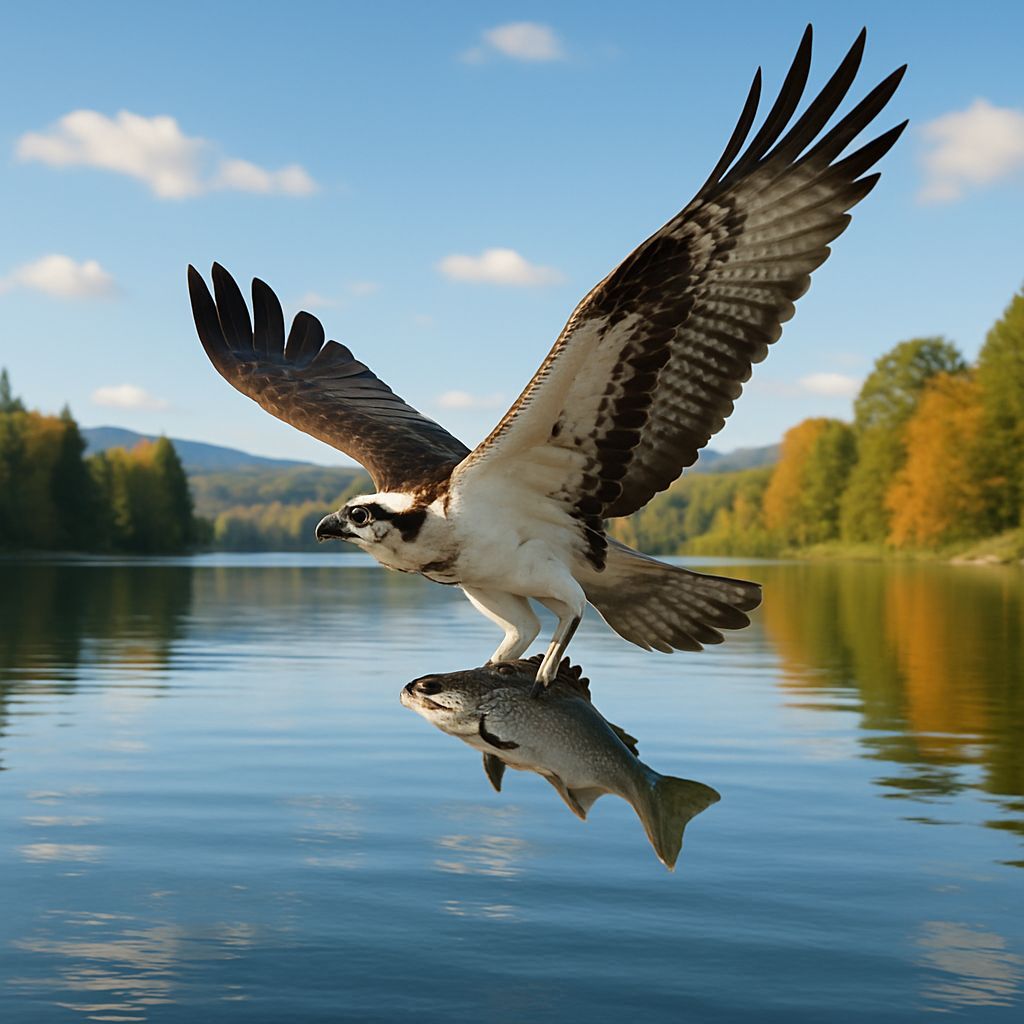 Osprey Soars Over Serene Lake with Fresh Catch