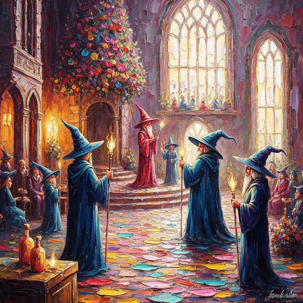 Wizards in Magical School Neo-Impressionist Oil Painting