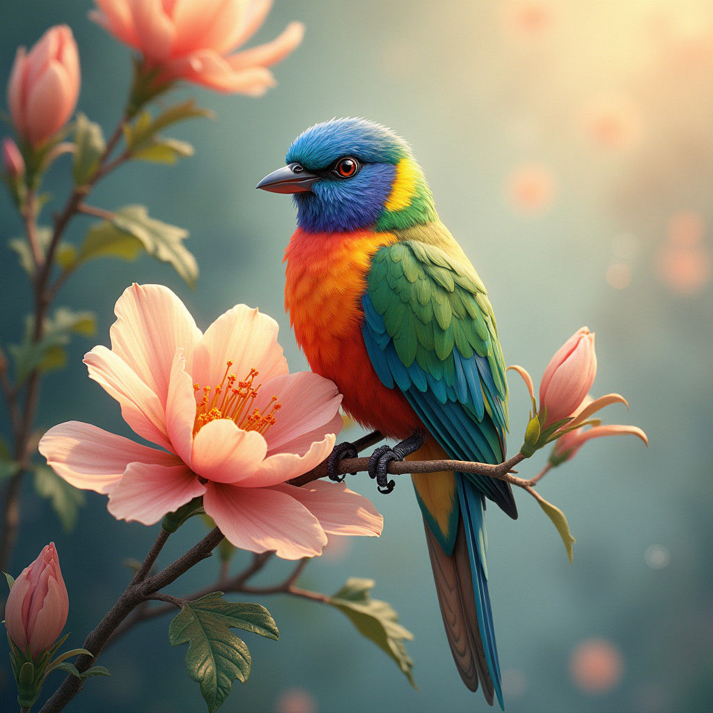 Exotic Bird on Flower in Watercolor Chinese Art