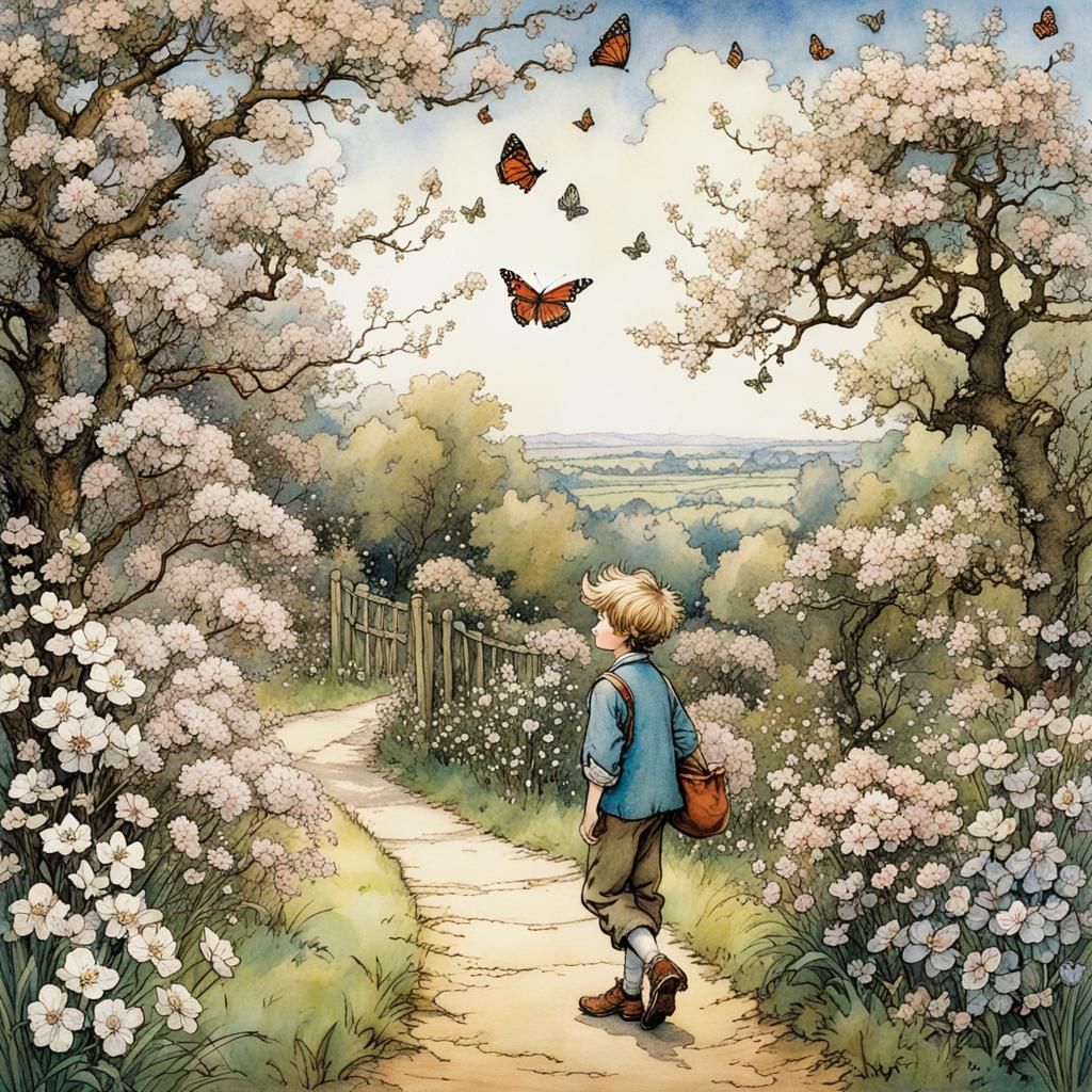 Boy in Blossoms, Whimsical Illustration
