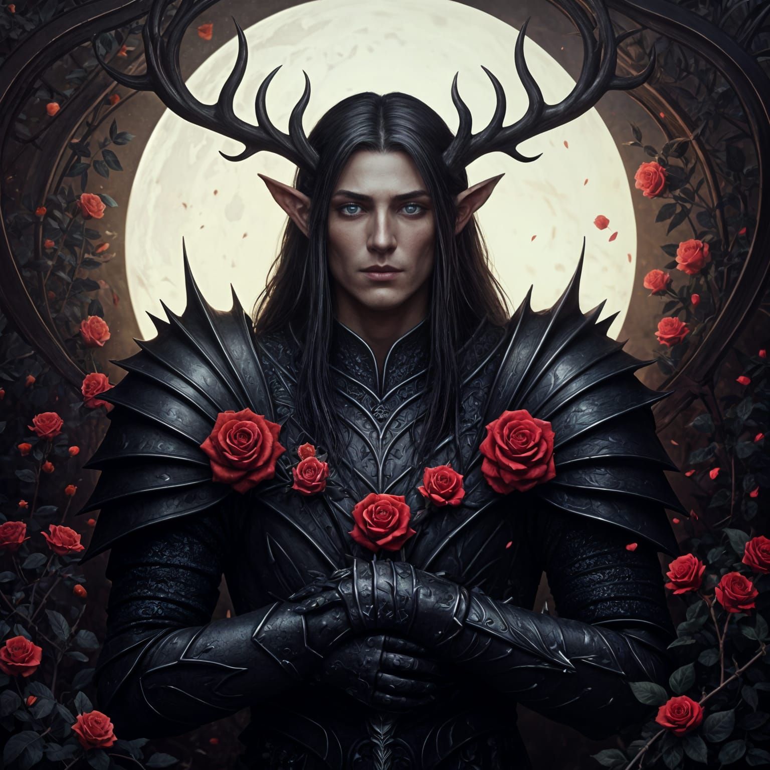 Fey Knight in Rose Garden, Art Nouveau Style