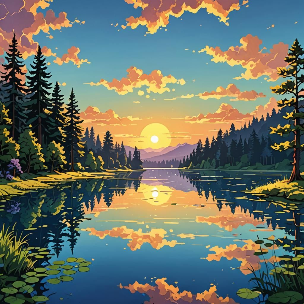 Romantic Cel-Shaded Sunset Lake in Soft Light