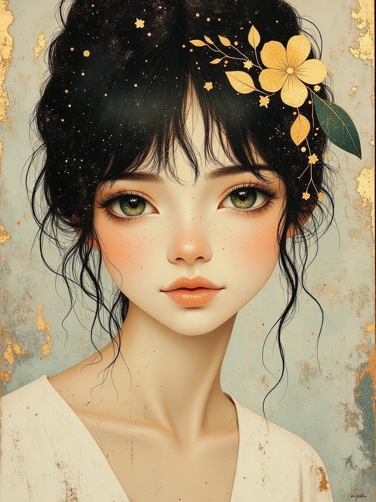 Portrait young lady with bright eyes oil painting
