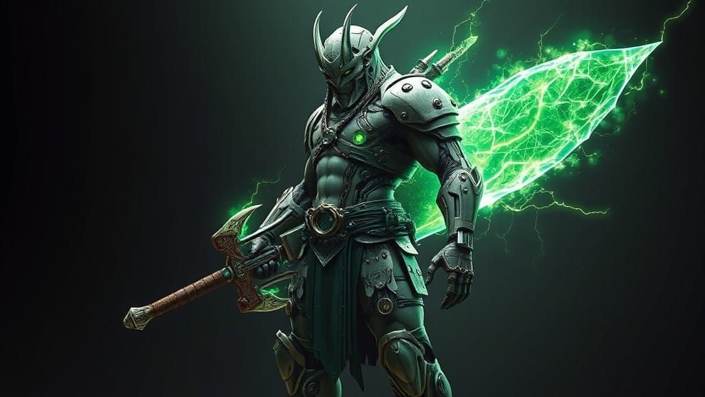 Cybernetic Barbarian with Glowing Green Aura and Terracotta....