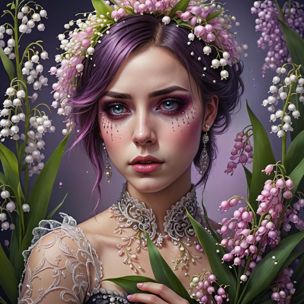 Sad Punk Woman Crying Over Flowers Portrait