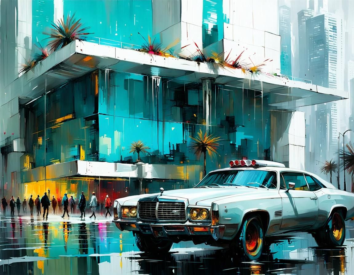 Futuristic Architecture with Detailed Reflections as Oil Pai...