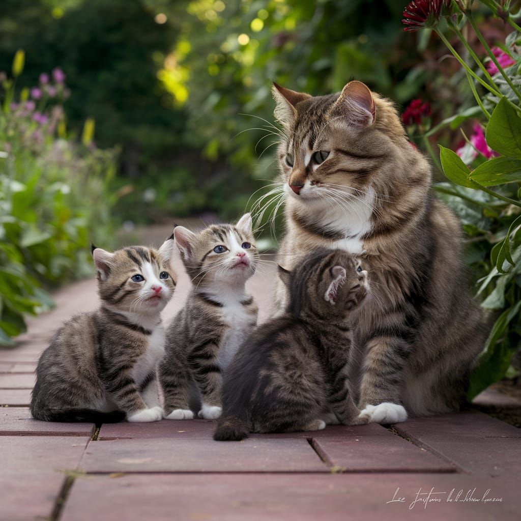 Mother Cat and Kittens in Garden Portrait
