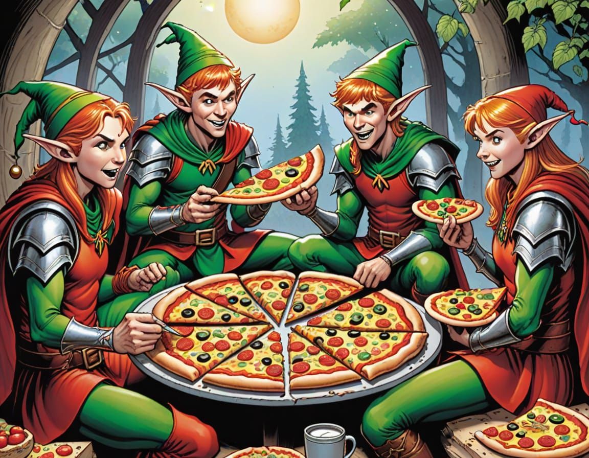 Elves Eating Pizza in Comic Book Style