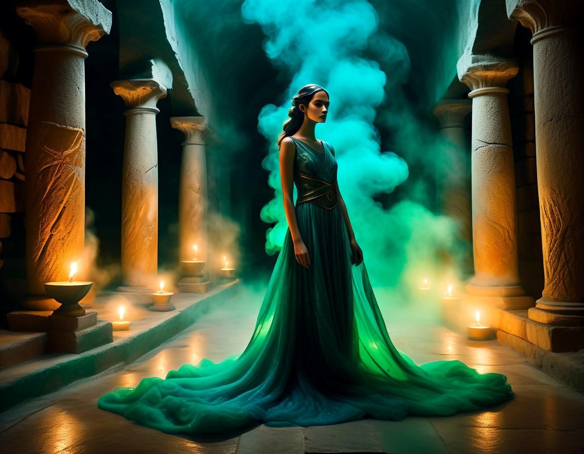 Mist Gown in Underworld Temple: Watercolor Painting